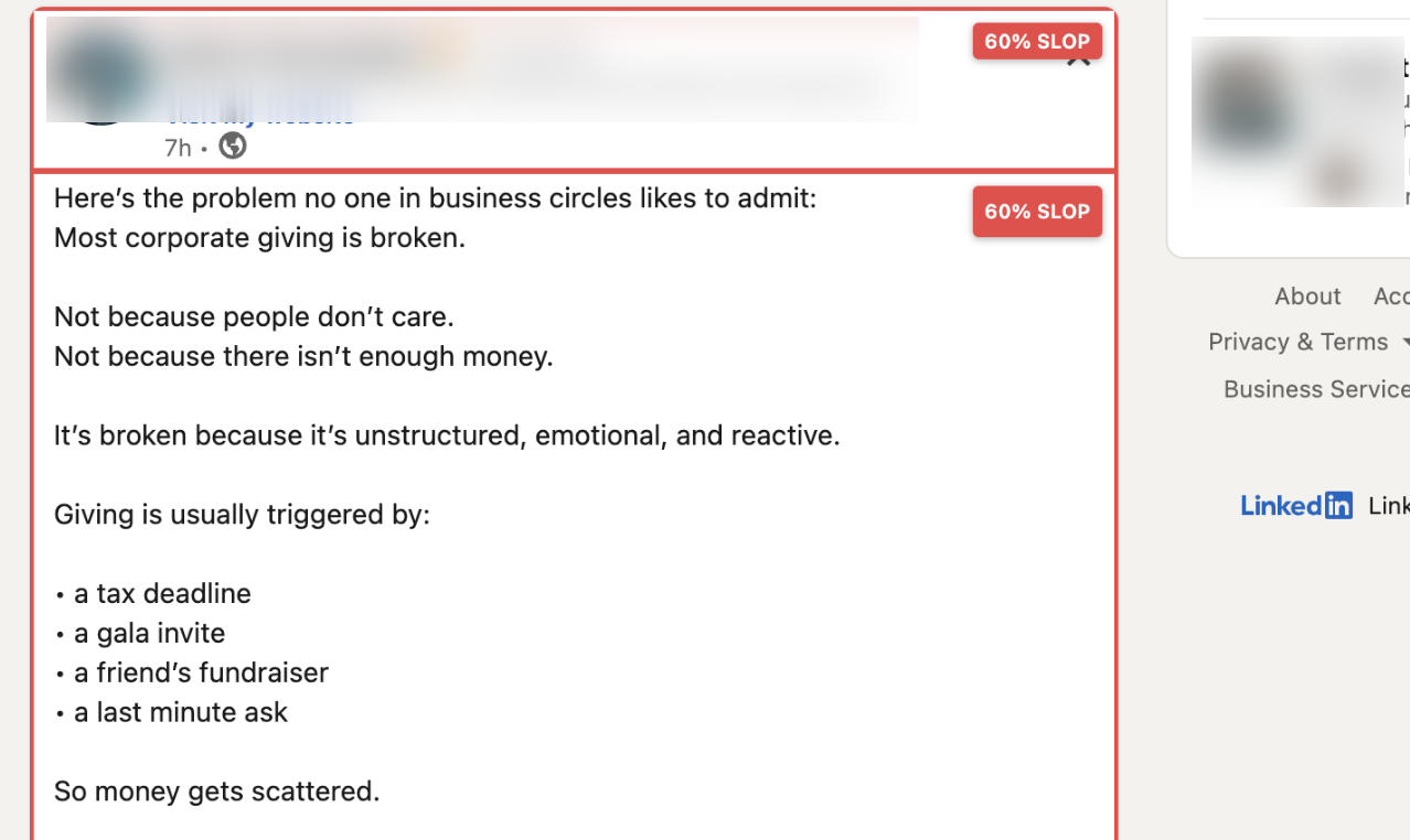 ThatSlop detecting AI content on LinkedIn